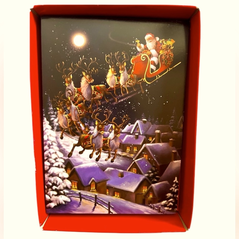 Ten Vintage Christmas Cards Showing Santa Flying in his Sleigh with Gold Accents